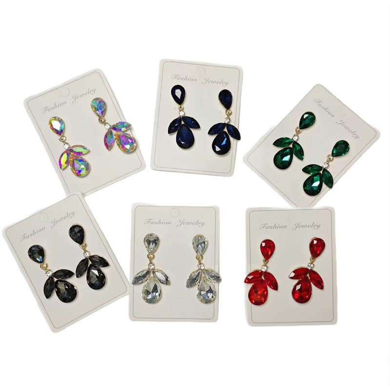 Diamond-studded multi-layered leaf drop earrings, high-end earrings
