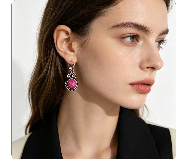 Rose purple gold-drip glaze earrings three small diamonds paired with a round main stone, versatile for everyday outings