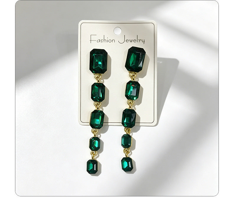Palace-style rectangular colored diamond long drop gemstone pendant earrings, suitable for evening gowns, light luxury earrings