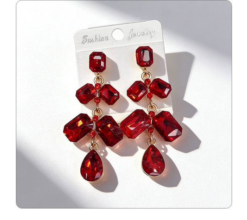 Long waterdrop crystal with fashionable tassels, available in multiple colors, high-transparency cut design, elegant earrings