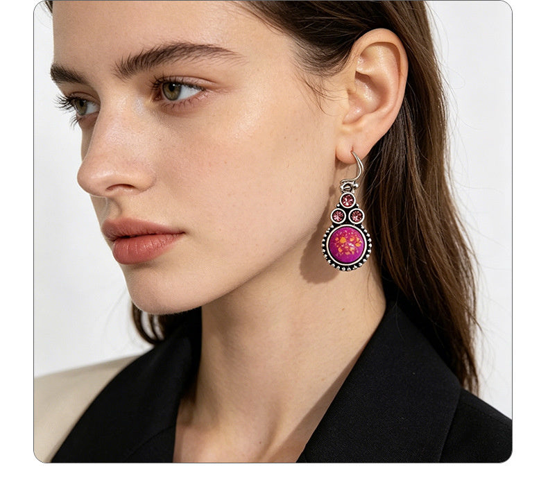 Rose purple gold-drip glaze earrings three small diamonds paired with a round main stone, versatile for everyday outings