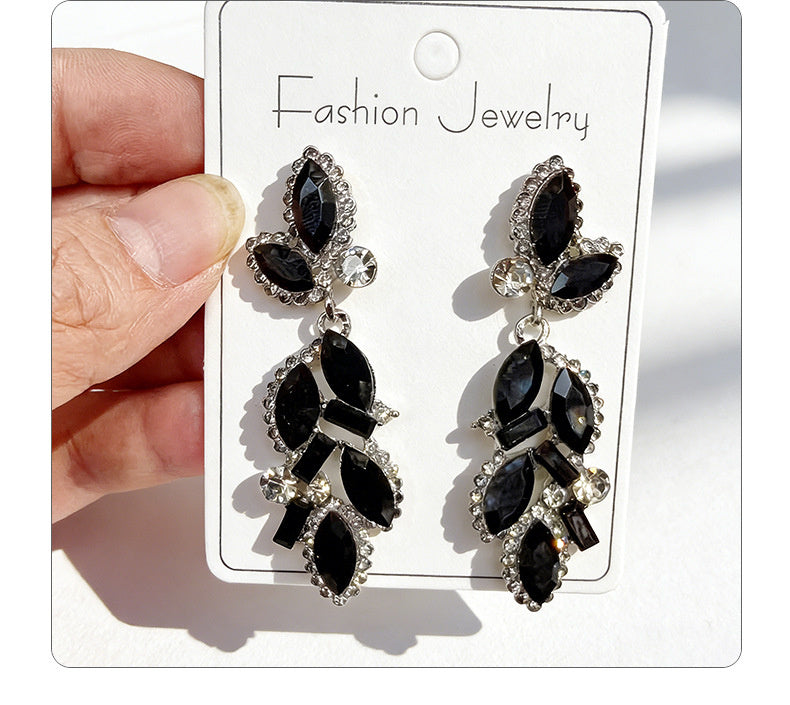 Leaf and Branch Rhinestone Long Luxurious Exquisite Stud Earrings, High-End Slim Party Earrings