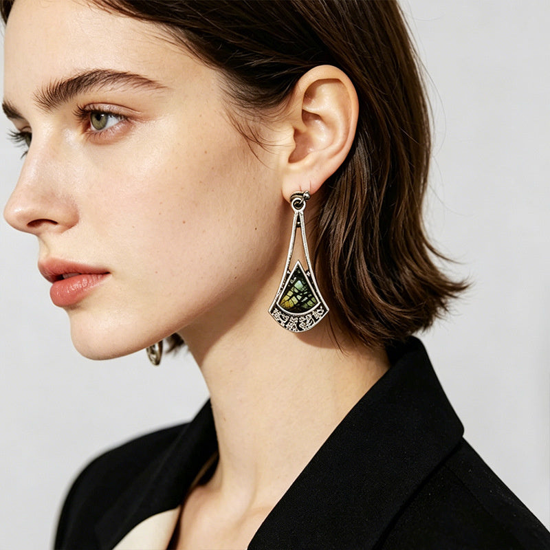 Fan-shaped triangular pattern gemstone ear hook crackle stone pendant niche everyday wear earrings