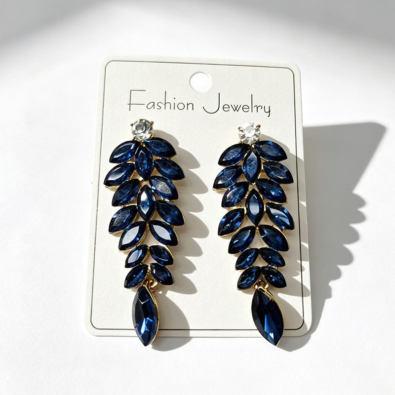Diamond-studded leaf long tassel multi-color crystal earrings, evening style accessories