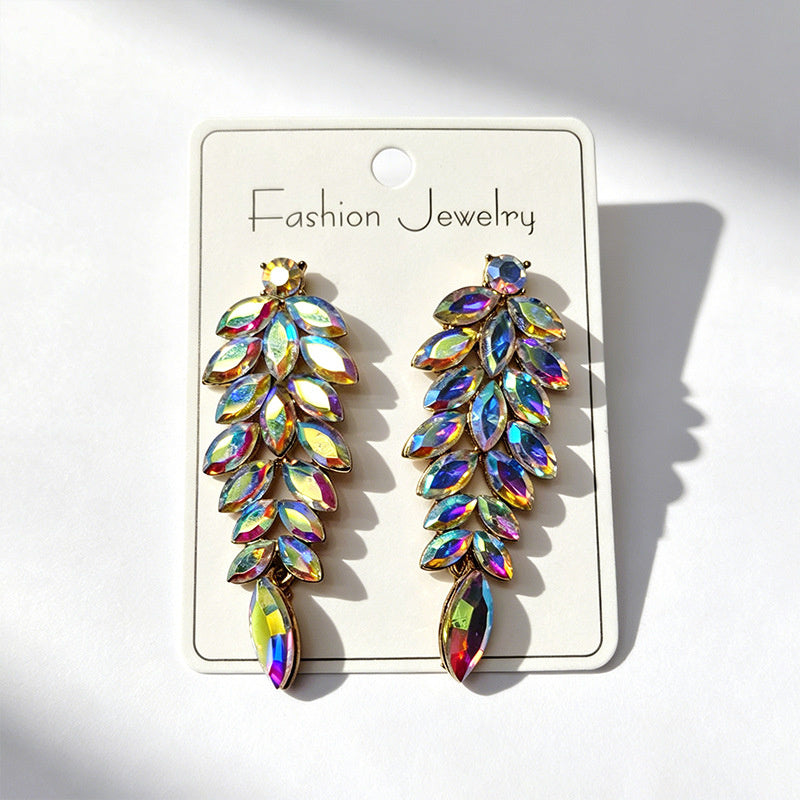Diamond-studded leaf long tassel multi-color crystal earrings, evening style accessories