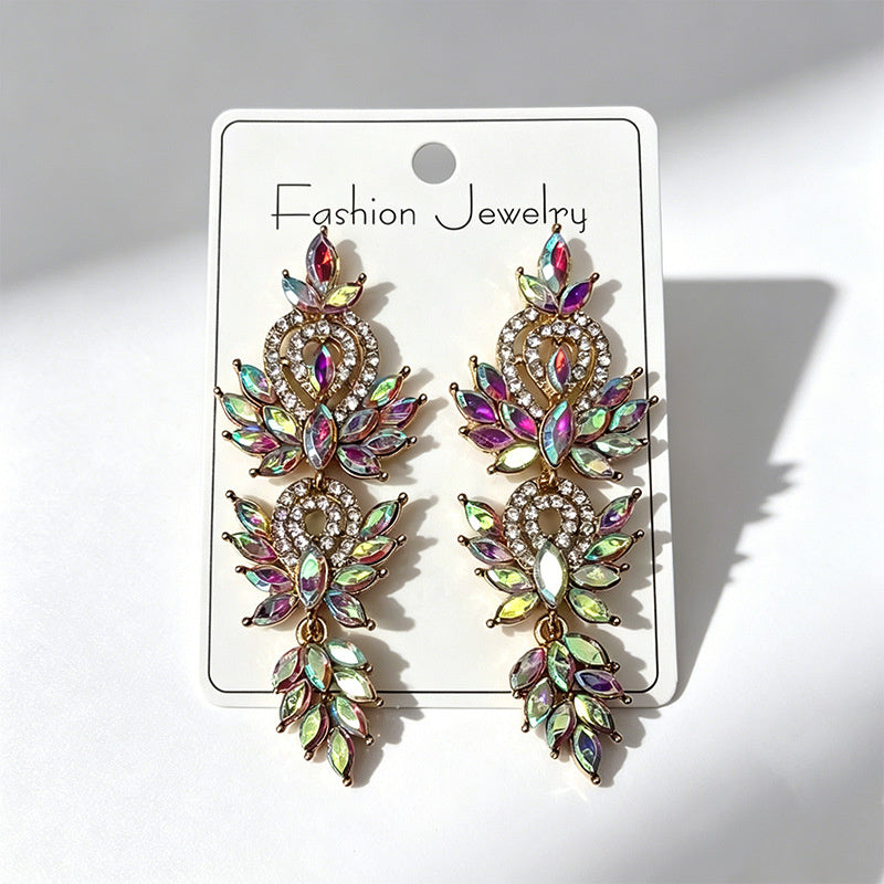 Colorful diamond wheat ear long earrings, niche light luxury design, stylish and versatile earrings