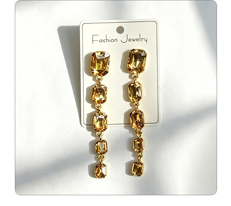 Palace-style rectangular colored diamond long drop gemstone pendant earrings, suitable for evening gowns, light luxury earrings