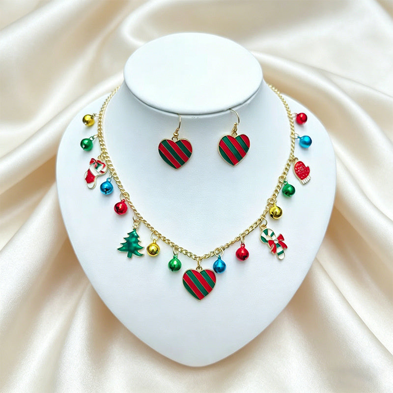 Christmas Multi-element Enamel Necklace Earring Set in Red and Green Colors, Festive Atmosphere Women's Accessories
