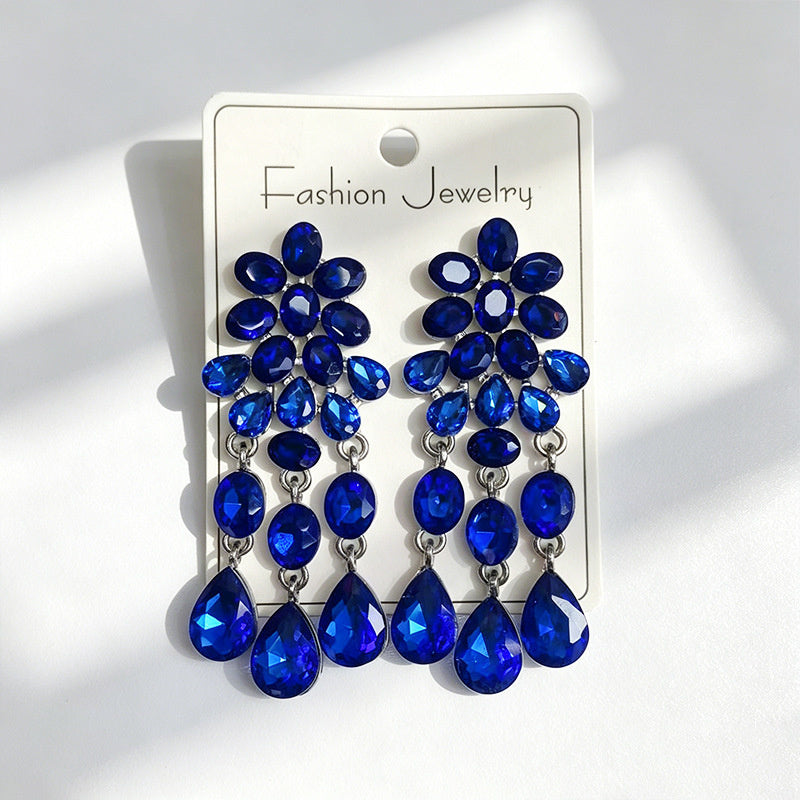 Luxurious water-drop colored diamond long earrings, evening dress accessory, multi-color crystal tassels, slimming and elegant earrings