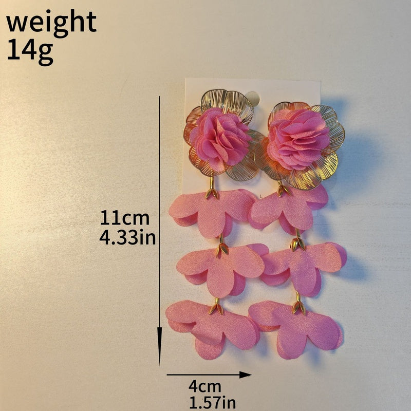 Exaggerated designer multi-layered chiffon floral earrings, beach vacation style earrings for women, light luxury