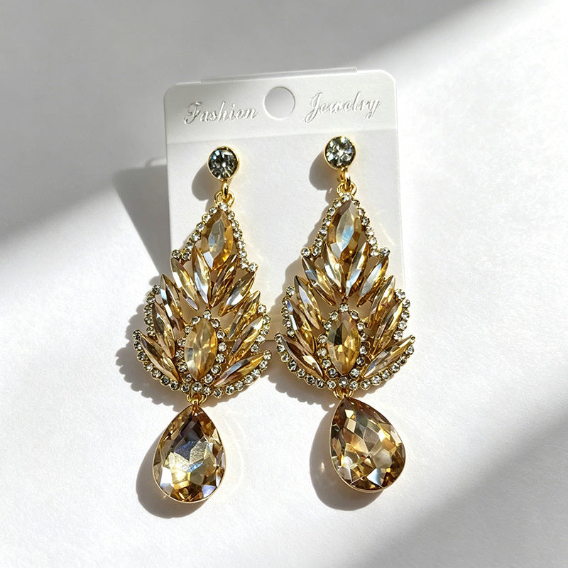 Winged-shaped rhinestone long light luxury colored diamond earrings, available in multiple colors, suitable for dress accessories