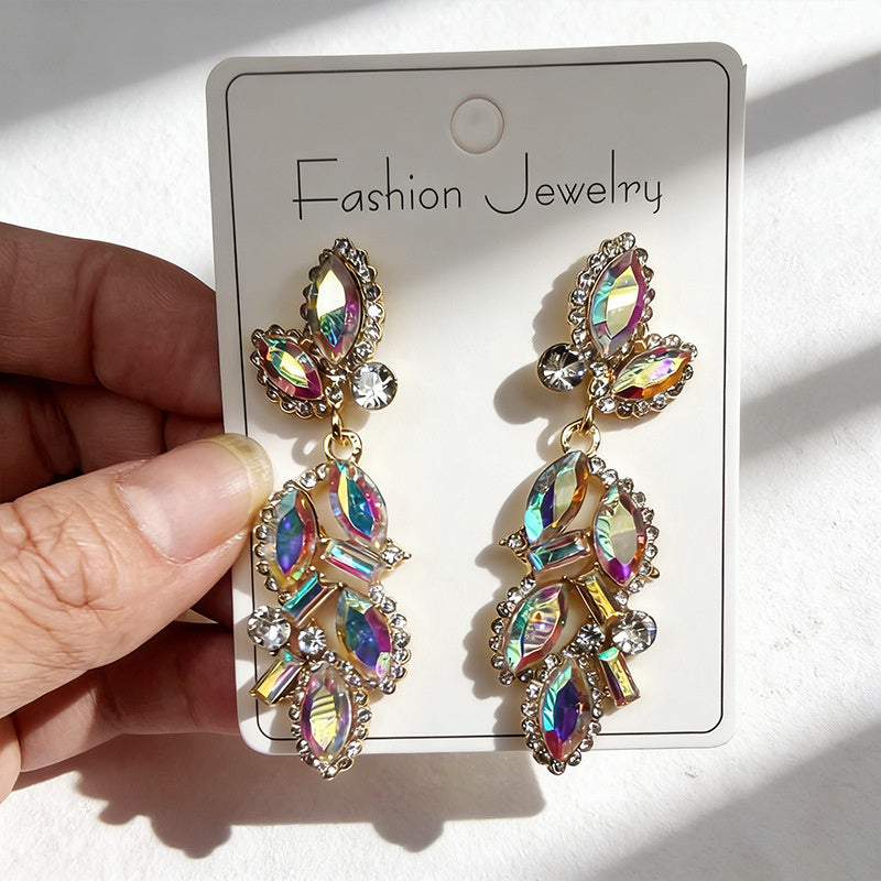 Leaf and Branch Rhinestone Long Luxurious Exquisite Stud Earrings, High-End Slim Party Earrings