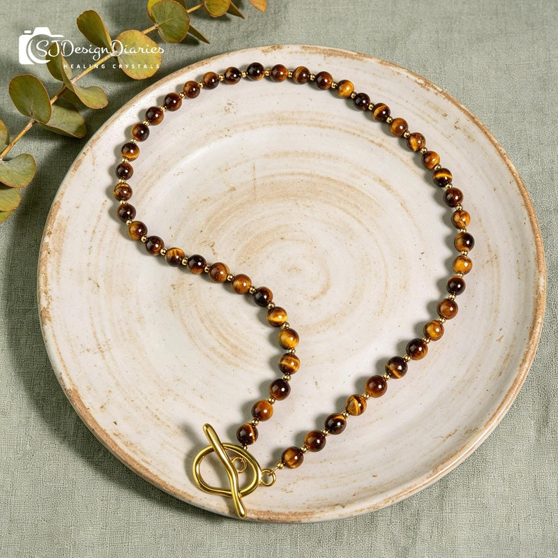 Boho Tiger's Eye Beaded Toggle Necklace| Gold Accents, Courage Protection Healing Crystal Statement Jewelry Gift for Her