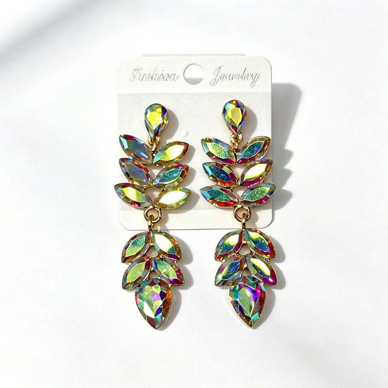 Multi-color crystal wheat ear long water drop earrings, stage performance dress accessories, earrings