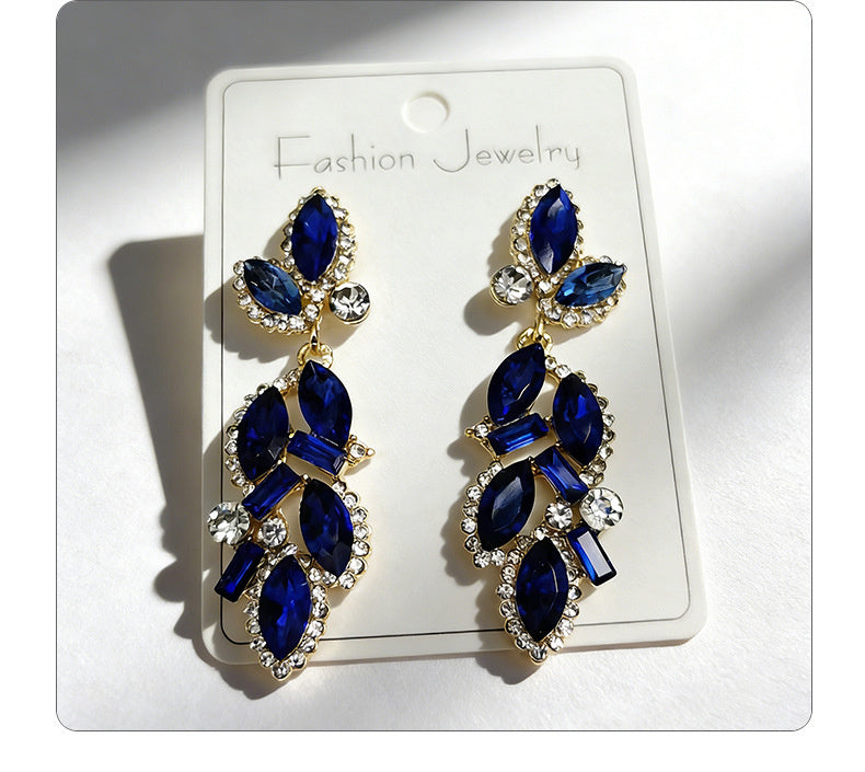 Leaf and Branch Rhinestone Long Luxurious Exquisite Stud Earrings, High-End Slim Party Earrings