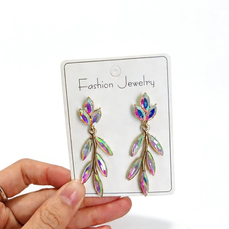 Earrings with crystal leaves, flowers, and geometric studs, bridal full-diamond tassel earrings, high-end earrings