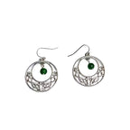 Irish-style woven pattern hollow earrings with distressed silver hoops and green jade beads, versatile for casual vacations