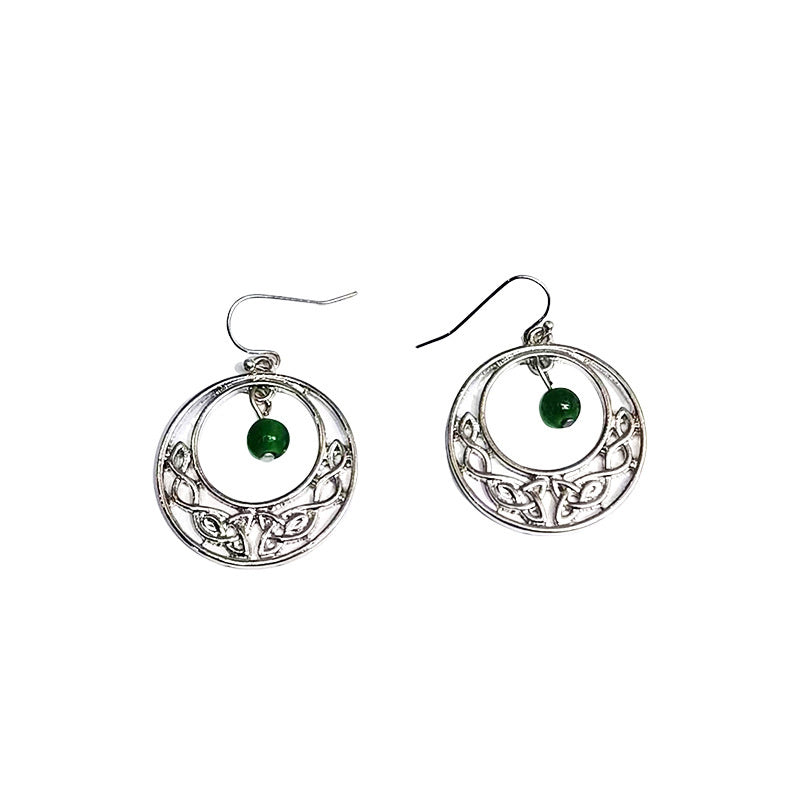 Irish-style woven pattern hollow earrings with distressed silver hoops and green jade beads, versatile for casual vacations