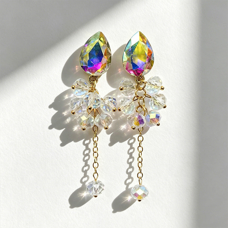 Teardrop-shaped gemstone earrings with multi-layered crystal beads and long tassel design