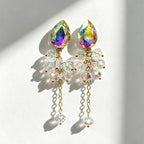 Teardrop-shaped gemstone earrings with multi-layered crystal beads and long tassel design