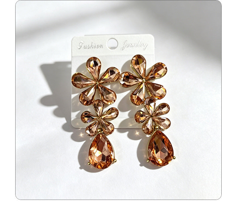 Floral waterdrop rhinestone long elegant multi-color crystal drop earrings, accessories for dress and banquet
