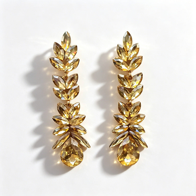 Colorful crystal wheat ear long water drop earrings, dress accessories, stage performance earrings
