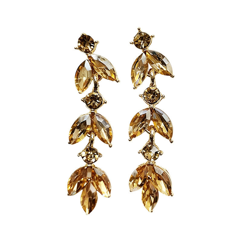 Leaf-shaped colorful diamond long earrings marquise-shaped rhinestones, suitable for pairing with dresses, creating a light and luxurious atmosphere