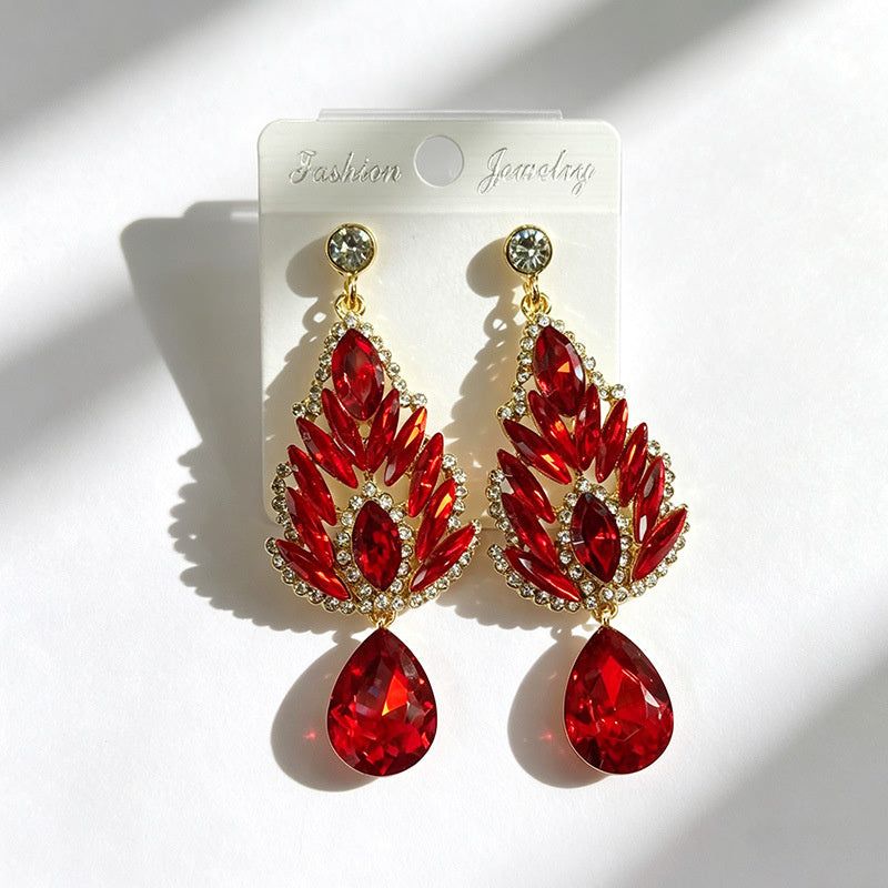 Winged-shaped rhinestone long light luxury colored diamond earrings, available in multiple colors, suitable for dress accessories