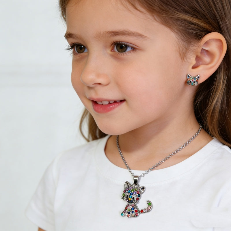 New colorful diamond-studded cat necklace and earring set for children, cute accessories