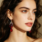 Punk-style simulated heart with distressed silver edges red crystal pendants, unique and trendy street style earrings