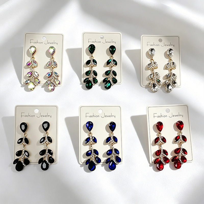 Colorful diamond leaf long earrings, niche light luxury design, stylish and versatile ear accessories