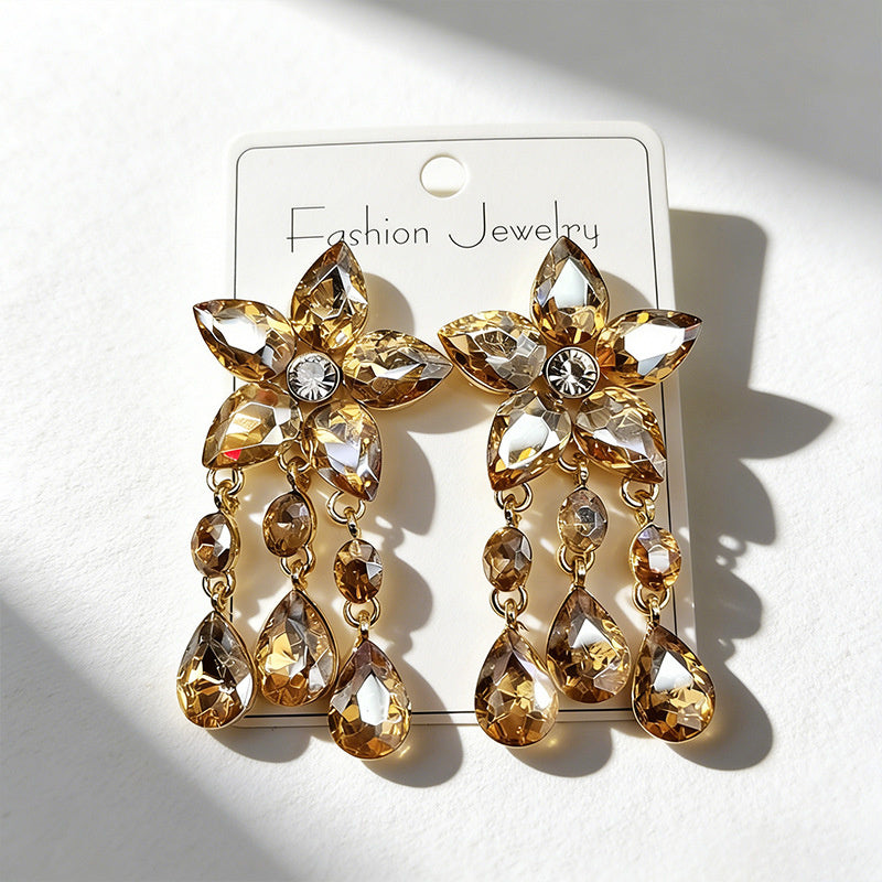 Colorful Gemstone Flower Long Tassel Rhinestone Drop Earrings Fashionable Trendy Women's Ear Accessories