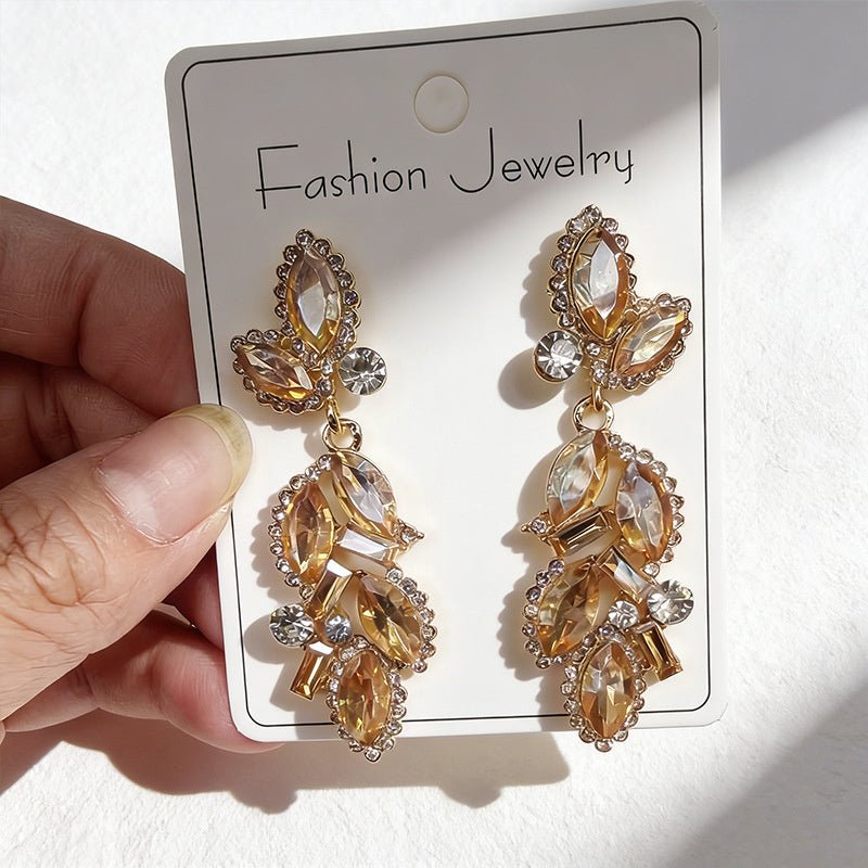 Leaf and Branch Rhinestone Long Luxurious Exquisite Stud Earrings, High-End Slim Party Earrings