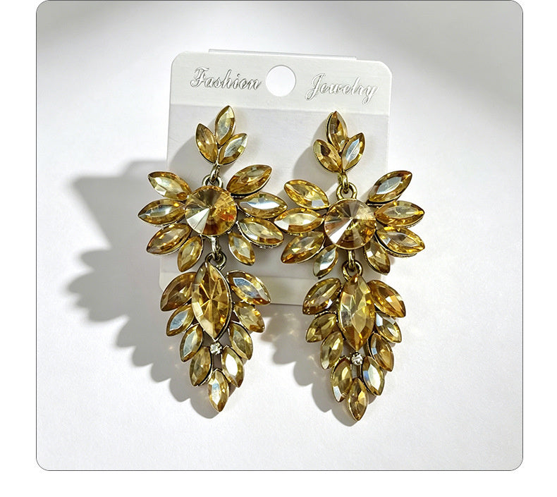 Colorful leaf rhinestone diamond-studded elegant long drop earrings, Hong Kong style party accessories