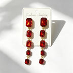 Palace-style rectangular colored diamond long drop gemstone pendant earrings, suitable for evening gowns, light luxury earrings