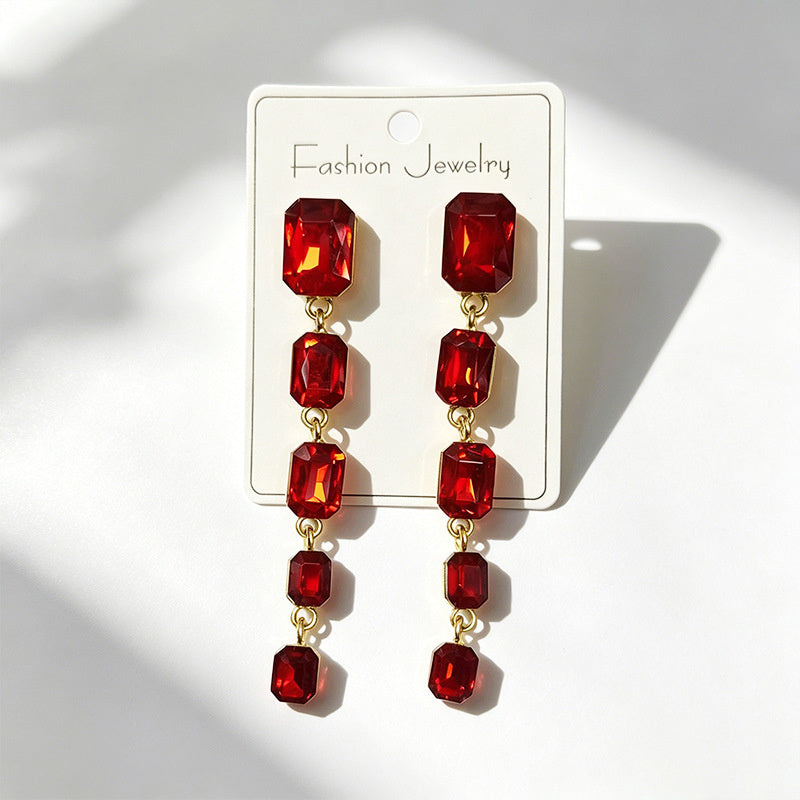 Palace-style rectangular colored diamond long drop gemstone pendant earrings, suitable for evening gowns, light luxury earrings