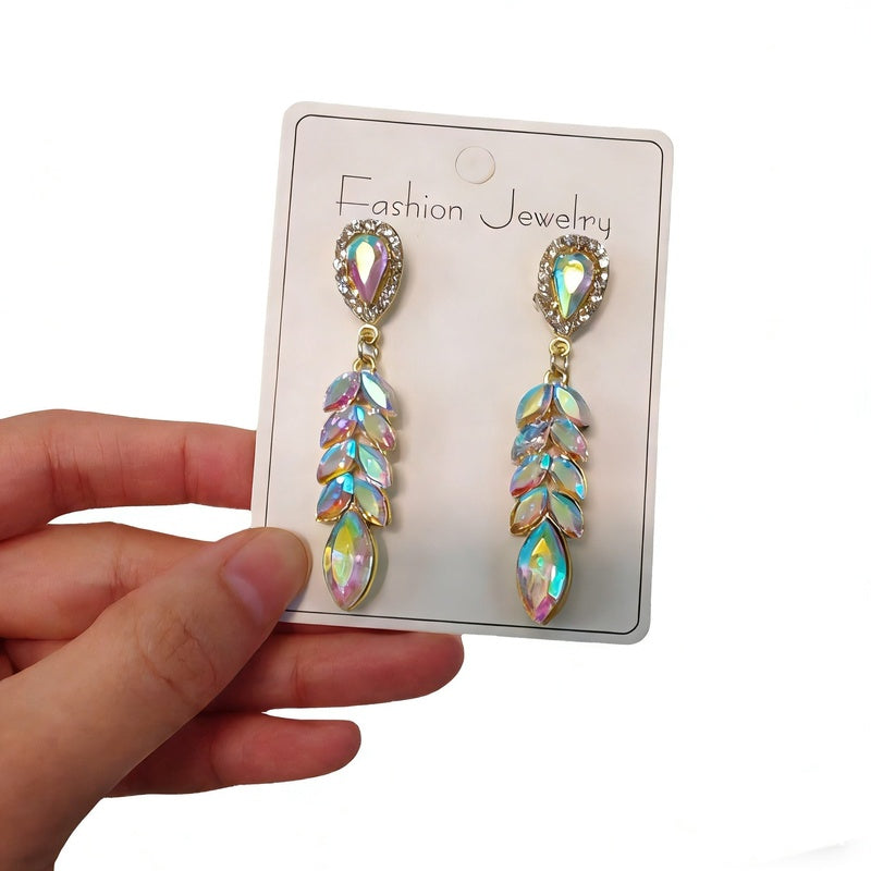 Colorful diamond tassel wheat ear long earrings, fashionable and high-end, exaggerated party statement earrings