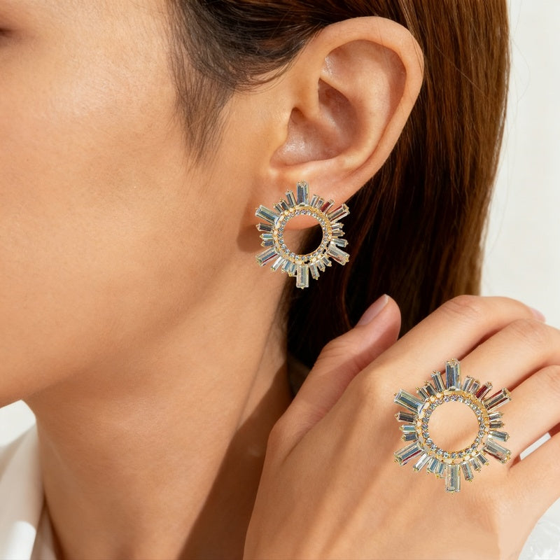 Alloy diamond-encrusted sparkling colorful diamond sunflower stage earrings, geometric circle evening earrings
