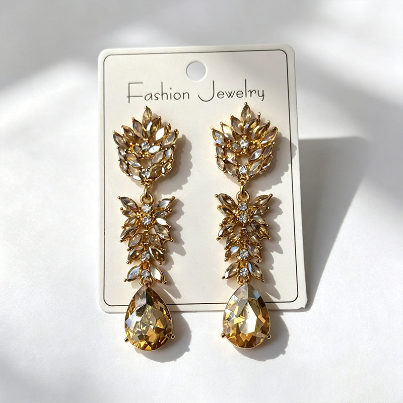 Colorful Crystal Leaf Long Earrings, Luxurious Palace-Style Exquisite Atmosphere Fashion Earrings
