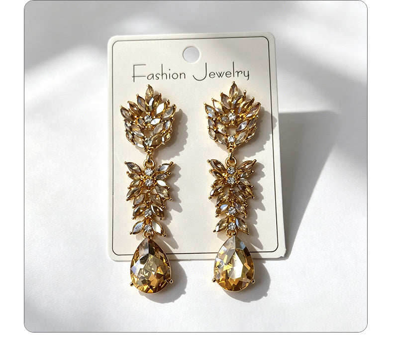 Colorful Crystal Leaf Long Earrings, Luxurious Palace-Style Exquisite Atmosphere Fashion Earrings
