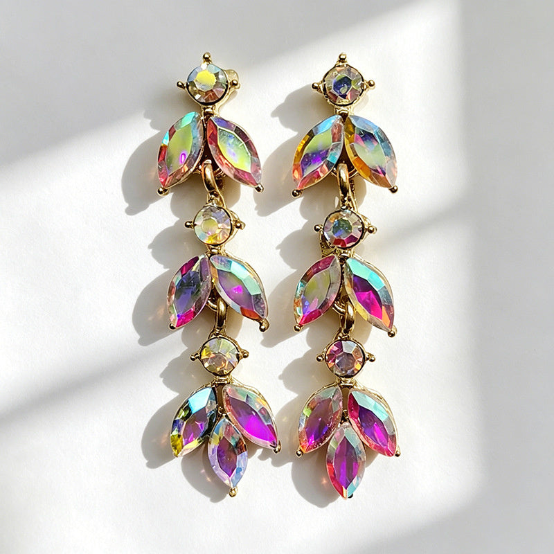 Leaf-shaped colorful diamond long earrings marquise-shaped rhinestones, suitable for pairing with dresses, creating a light and luxurious atmosphere