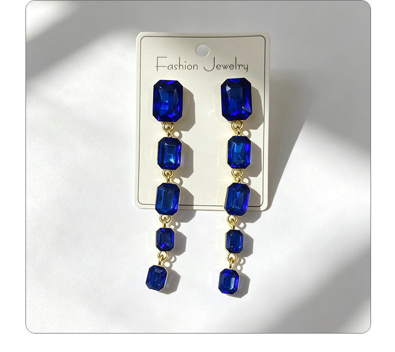Palace-style rectangular colored diamond long drop gemstone pendant earrings, suitable for evening gowns, light luxury earrings