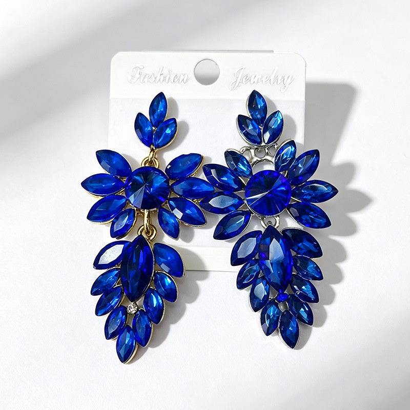 Colorful leaf rhinestone diamond-studded elegant long drop earrings, Hong Kong style party accessories