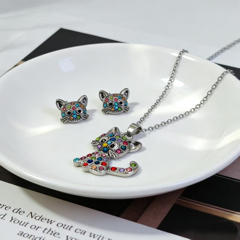 New colorful diamond-studded cat necklace and earring set for children, cute accessories