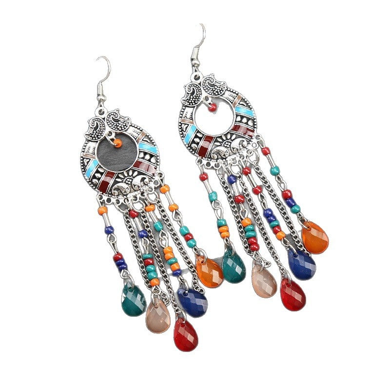 Cross-border handmade water drop seed bead Bohemian long tassel earrings, unique and exaggerated travel photo accessories