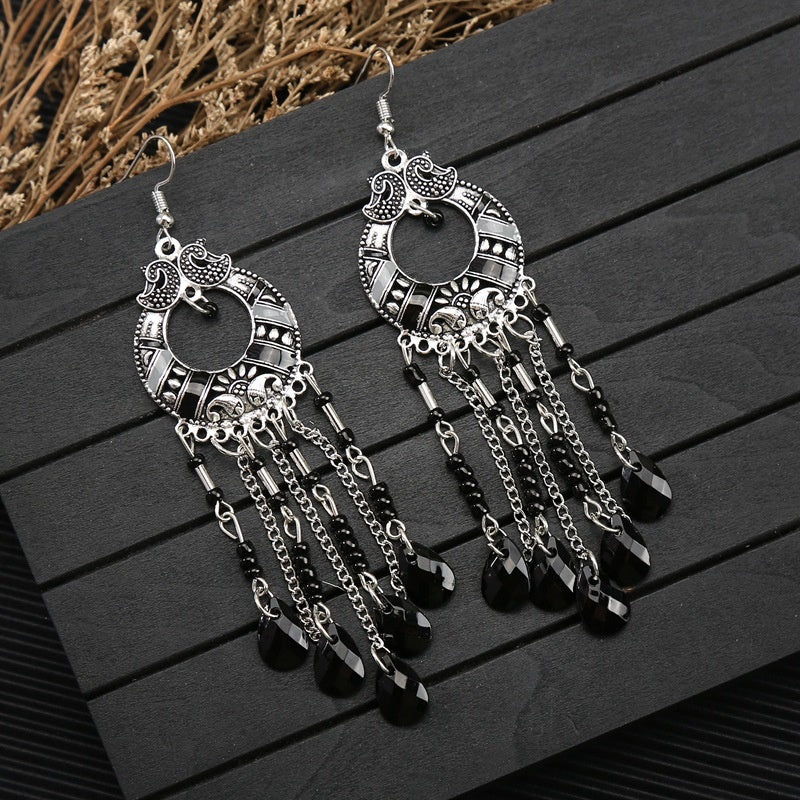 Cross-border handmade water drop seed bead Bohemian long tassel earrings, unique and exaggerated travel photo accessories