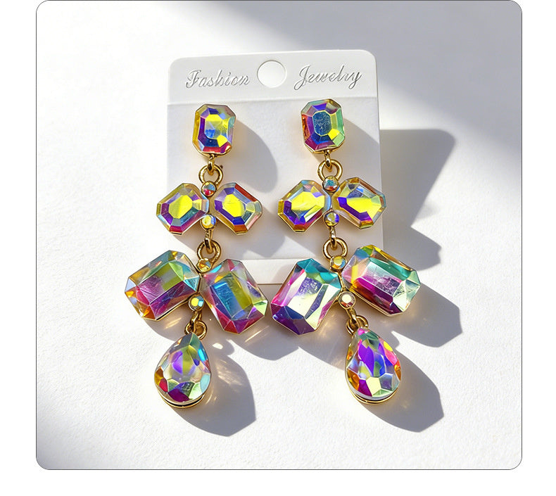 Long waterdrop crystal with fashionable tassels, available in multiple colors, high-transparency cut design, elegant earrings