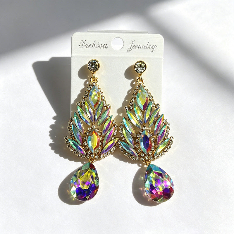 Winged-shaped rhinestone long light luxury colored diamond earrings, available in multiple colors, suitable for dress accessories