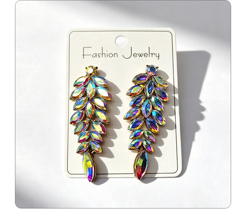 Diamond-studded leaf long tassel multi-color crystal earrings, evening style accessories