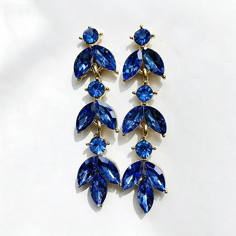 Leaf-shaped colorful diamond long earrings marquise-shaped rhinestones, suitable for pairing with dresses, creating a light and luxurious atmosphere